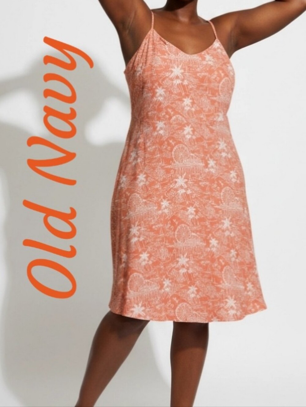 Old Navy Womens SunDress  Sz XL Coral Tropical Boardwalk Print Adj Straps Summer